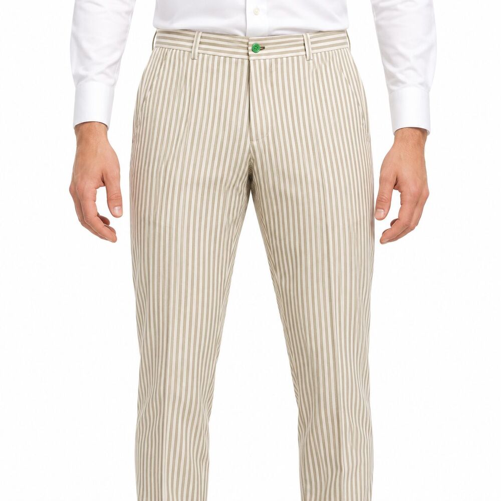 Mens 36 Cream Beige Stripe Cotton Slim Fit Dress Pants Handmade Trousers NWT